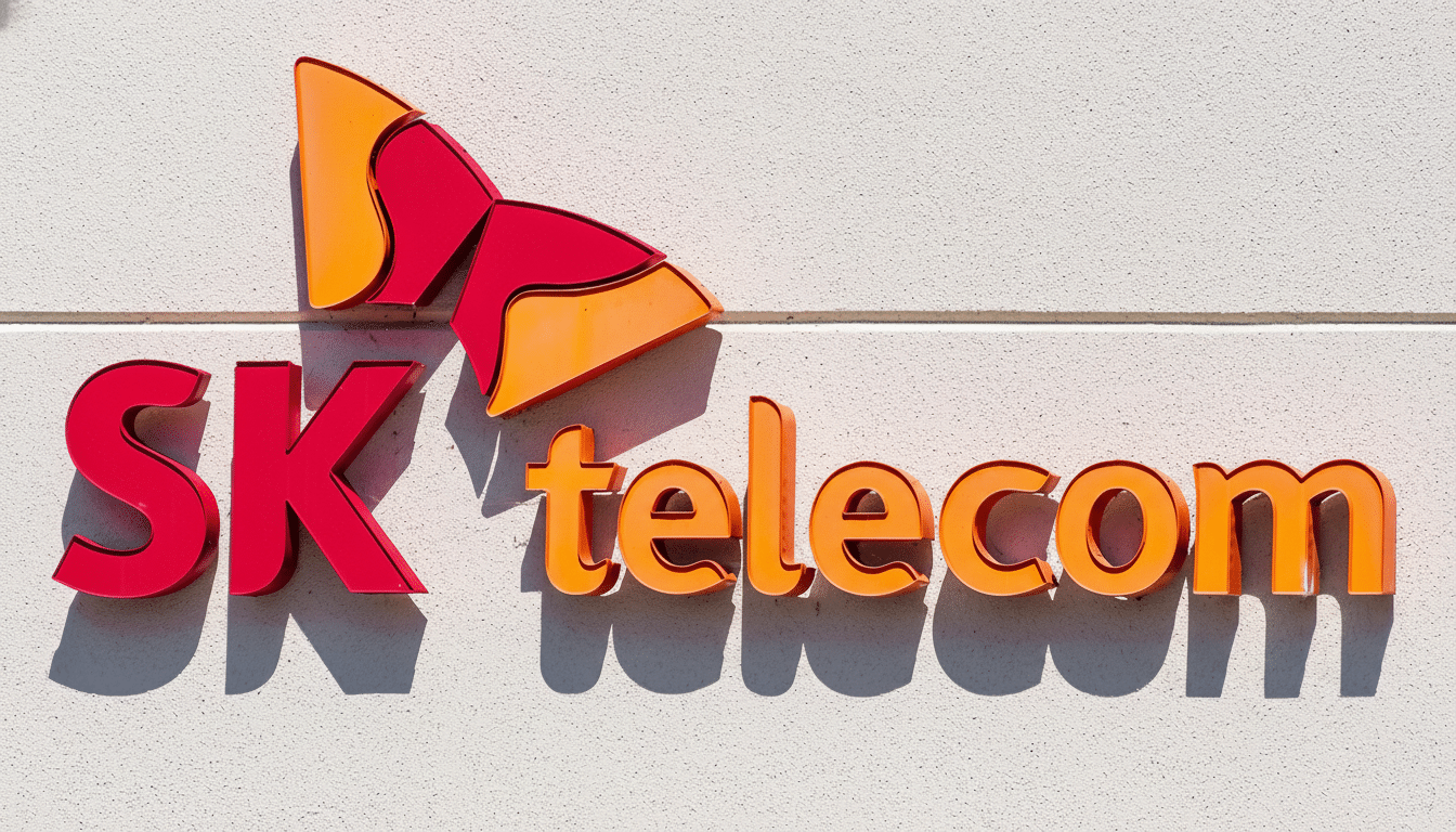 The SK Telecom logo, featuring the company name in red and orange 3D lettering , mounted on a white textured wall, presented in a 1 6:9 aspect ratio. Filename : sktele comlogo 169 . png