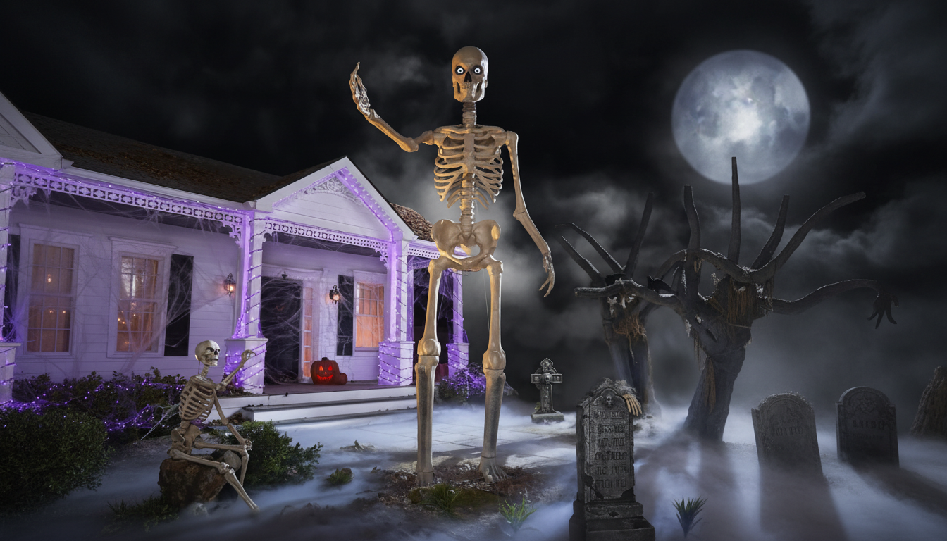 A giant skeleton decoration stands in a spooky yard at night, with a smaller skeleton sitting nearby, a house decorated with purple lights, and a full moon in the sky.