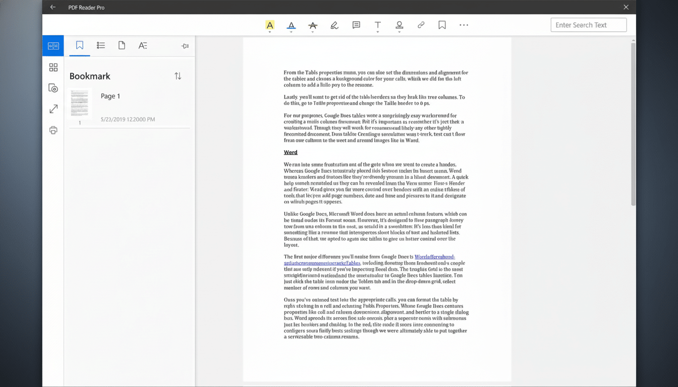 Screenshot of the PDF Reader Pro application interface , showing a document open on the right pane and a bookmark sidebar on the left. The document content is visible , with text discussing features like tables , headers , and column formatting .