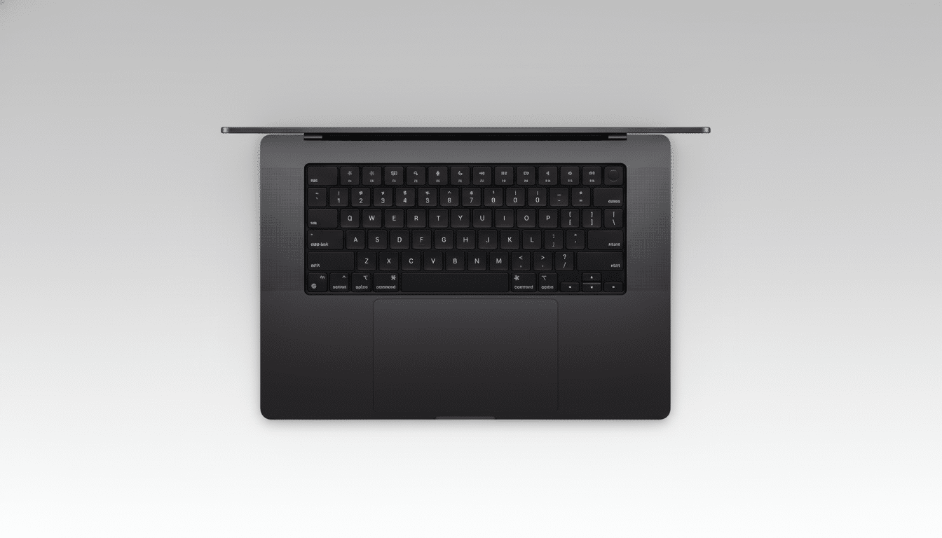 An overhead view of a dark gray laptop with a keyboard and trackpad, set against a soft, light gray gradient background .