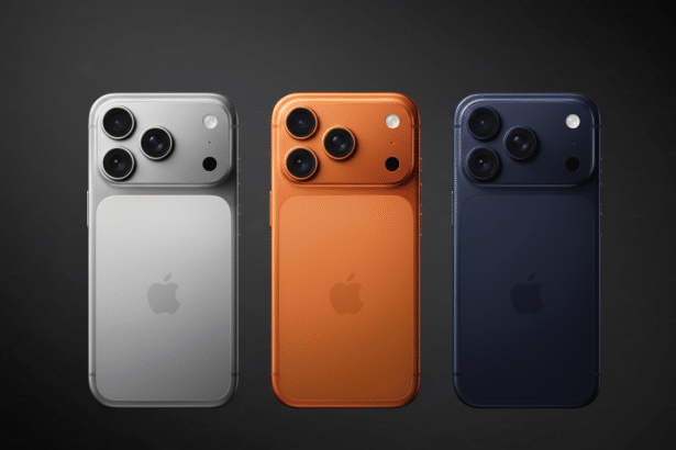 Three smartphones, silver, orange, and blue, are displayed on a dark background with a subtle hexagonal pattern. Each phone features a prominent camer