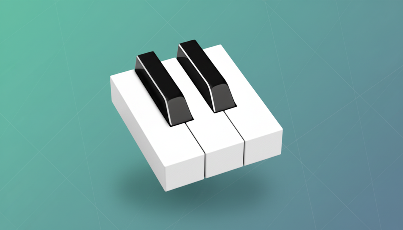A minimalist icon featuring three white piano keys and two black piano keys, set against a professional flat design background with soft blue-green gradients and subtle geometric patterns.