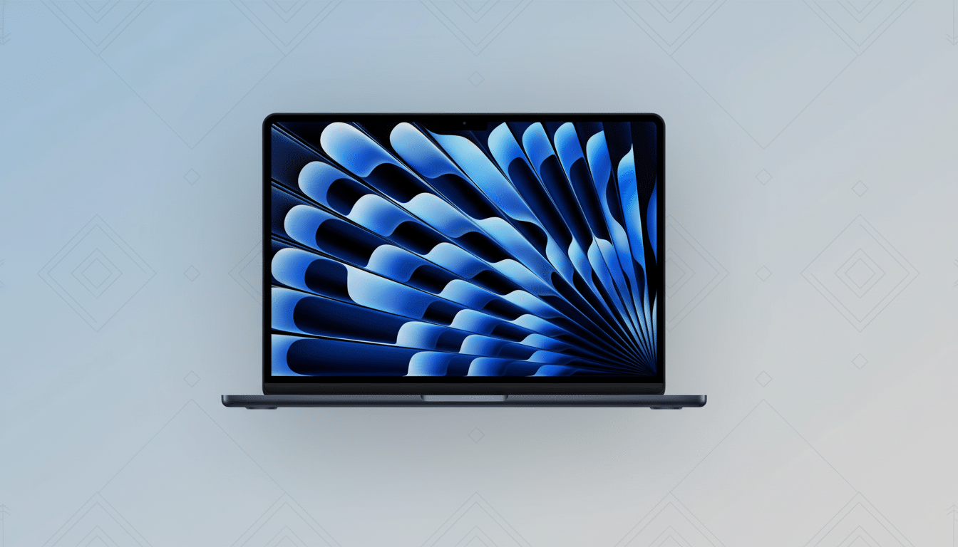 A professional shot of a dark blue MacBook Air with a vibrant blue and black abstract wallpaper, presented on a light blue gradient background with subtle diamond patterns , resized to a 1 6:9 aspect ratio. Filename : macbook airprofessional 169 . png