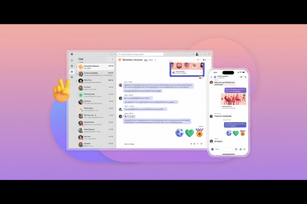 A professional, enhanced image of three screens displaying chat applications and a mobile interface, set against a blurred purple and orange backgroun