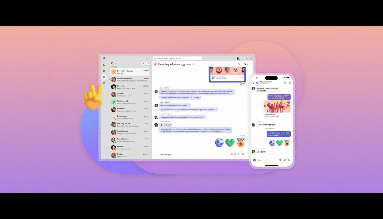 A professional, enhanced image of three screens displaying chat applications and a mobile interface, set against a blurred purple and orange backgroun