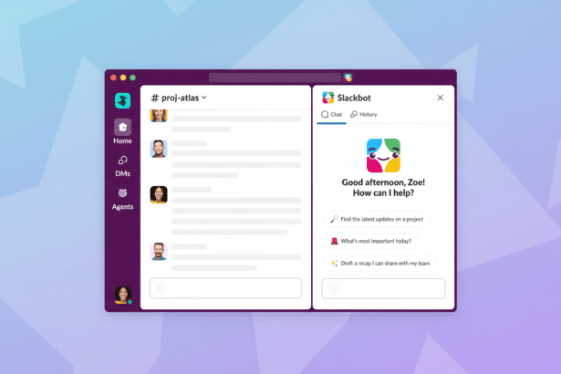 A professional , enhanced Slack interface with the Slackbot active , displayed in a 16: 9 aspect ratio with a subtle patterned gradient background. Filename : slackbot interfaceenhanced. png