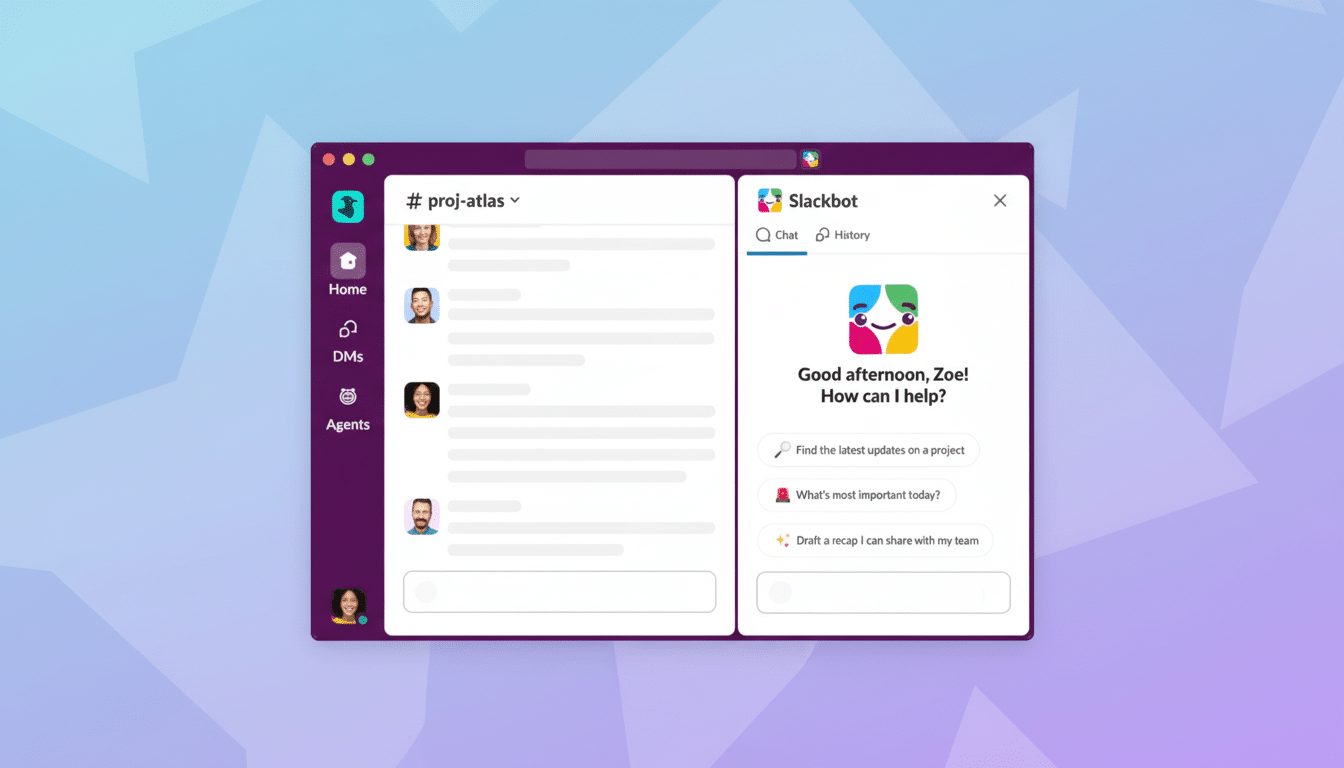 A professional , enhanced Slack interface with the Slackbot active , displayed in a 16: 9 aspect ratio with a subtle patterned gradient background. Filename : slackbot interfaceenhanced. png