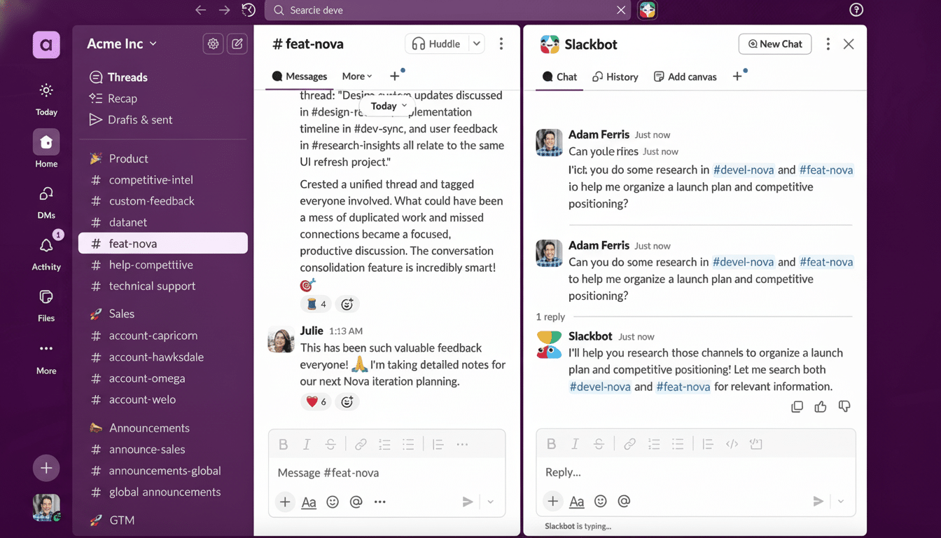 A screenshot of the Slack desktop application showing a conversation within the #feat -nova channel and a direct message conversation with Slackbot.
