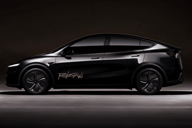 A professional, enhanced image of a sleek black car with gold lettering on the side, resized to a 16: 9 aspect ratio, maintaining its original dark ba