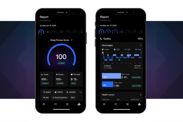 Two smartphones displaying a sleep tracking app interface. The left screen shows a Sleep Fitness Score of 10 0 with quality, routine, and time slept m