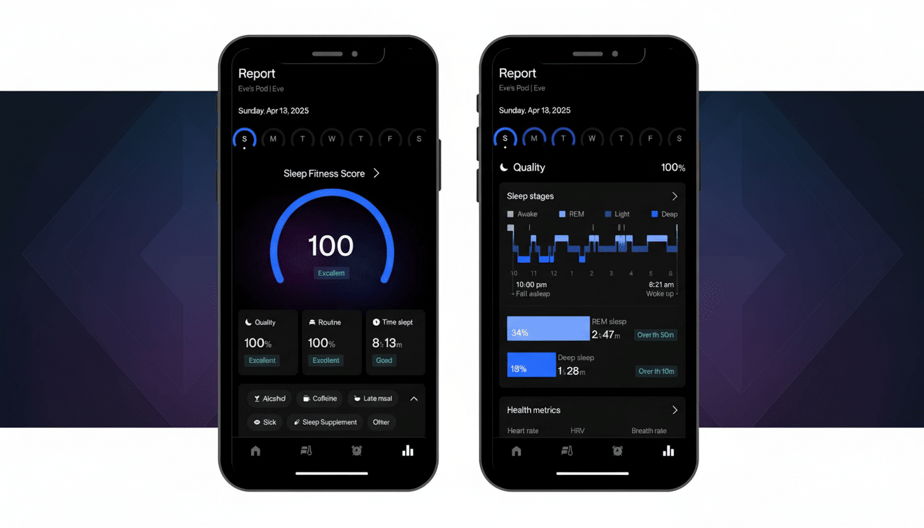 Two smartphones displaying a sleep tracking app interface. The left screen shows a Sleep Fitness Score of 10 0 with quality, routine, and time slept m
