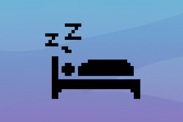 Pixel art icon of a bed with Zzz above it, set against a professional purple and blue gradient background with subtle wave patterns.