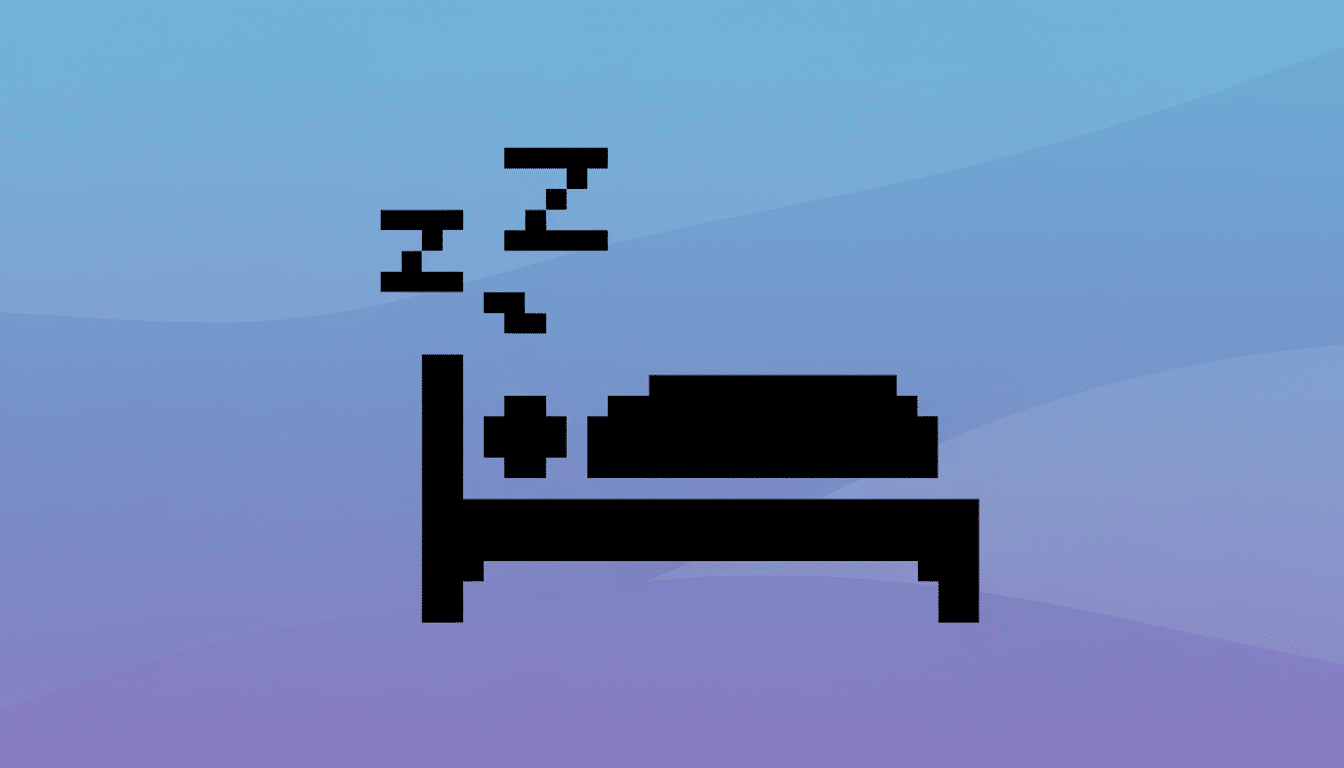 Pixel art icon of a bed with Zzz above it, set against a professional purple and blue gradient background with subtle wave patterns.