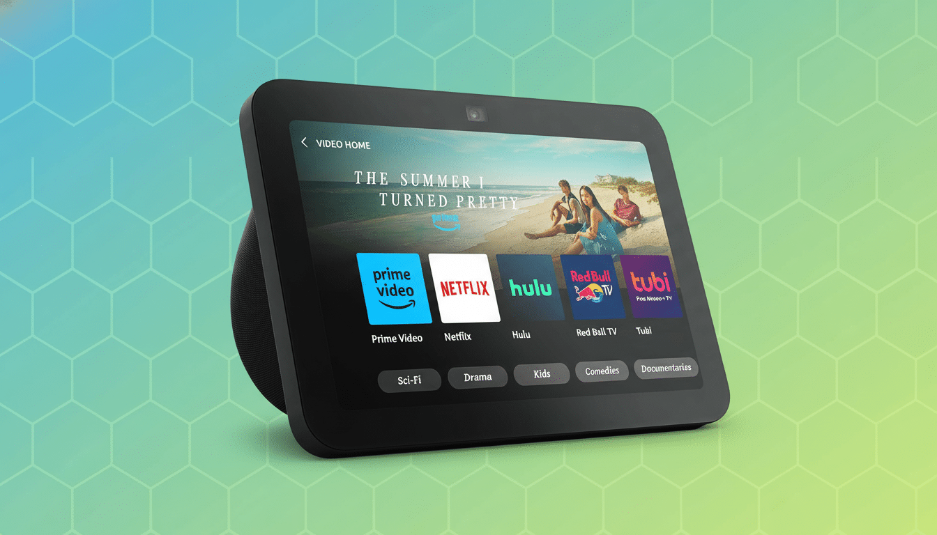 A smart display showing a video streaming interface with Prime Video , Netflix, Hulu , Red Bull TV , and Tubi app icons, set against a professional gradient background. Filename : smartdisplay streamingapps .png