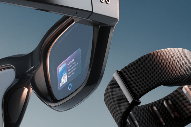 Close -up of black smart glasses displaying information about Santorini, next to a black smart band with a textured strap and metallic elements , set against a soft blue background.