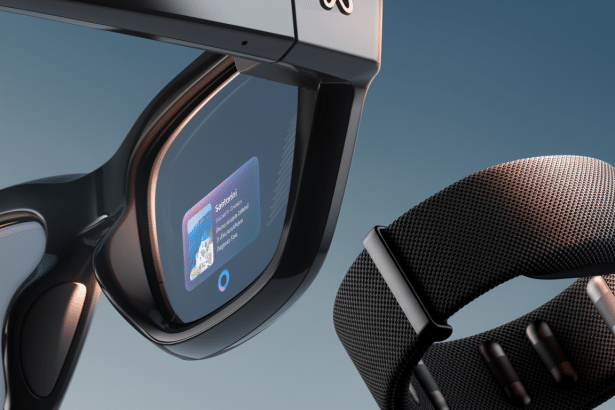 Close -up of black smart glasses displaying a Santorini notification and a black smart band , set against a professional soft blue background. Filename : smartglasses andband professional .png