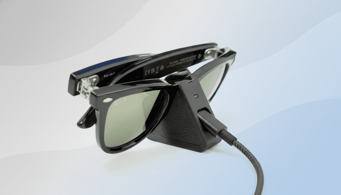 Black smart glasses with green - tinted lenses and a black charging cable plugged into a triangular charging dock, set against a soft blue and white gradient background.