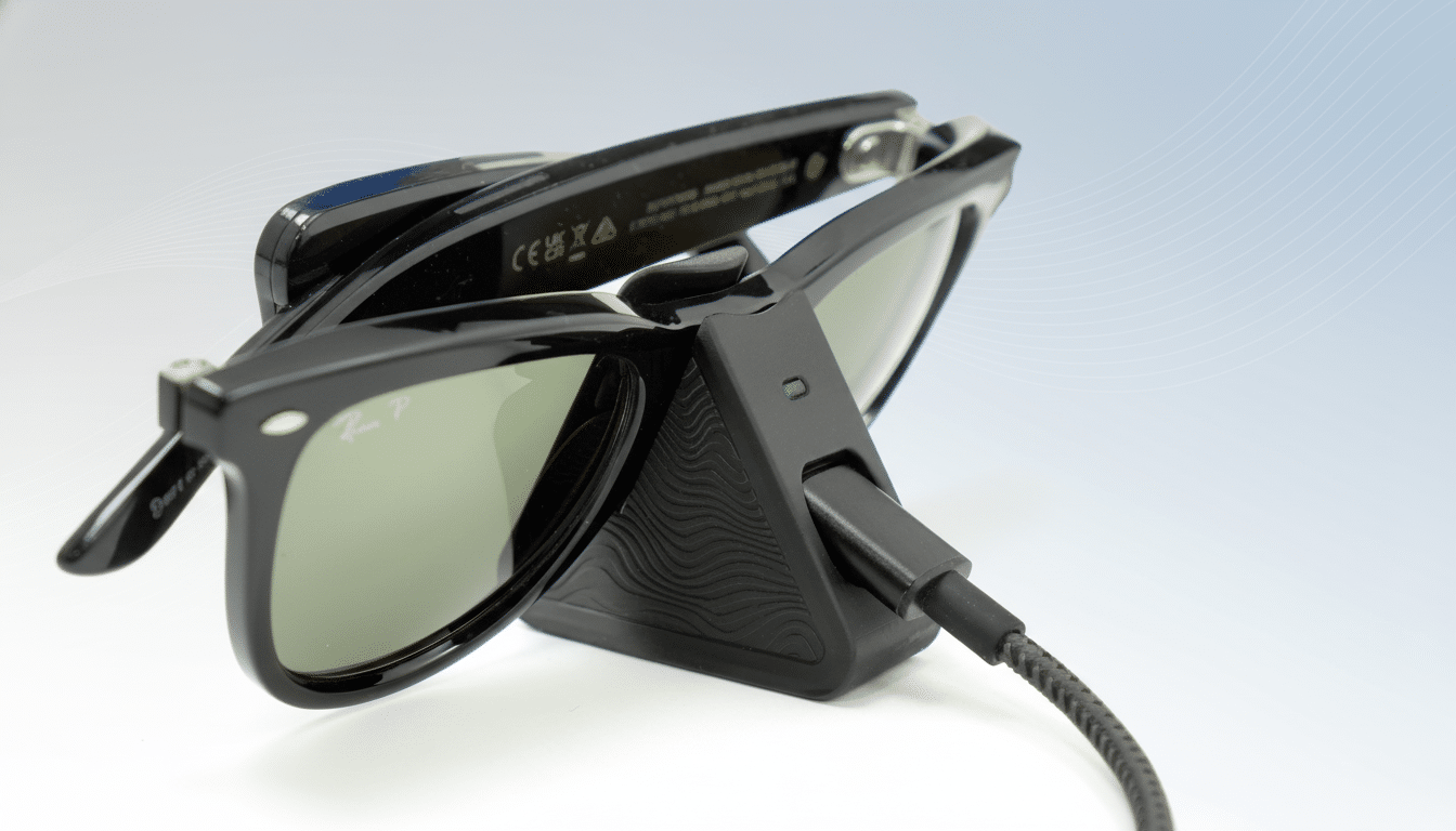 Black smart glasses with green- tinted lenses, charging in a black triangular dock with a green indicator light, against a professional flat design background with a subtle blue - white gradient and soft patterns .