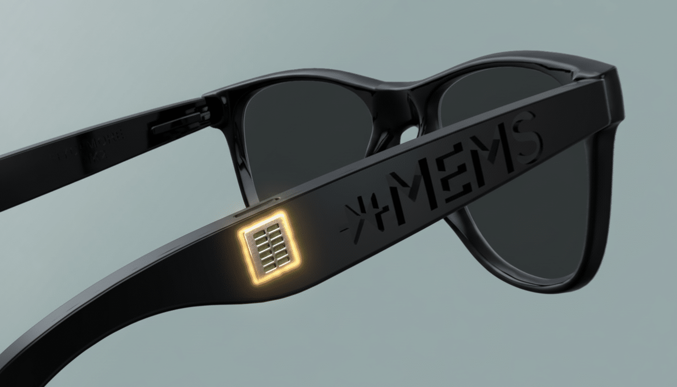 A close -up, enhanced , and professionally presented image of black smart glasses with a glowing chip embedded in the temple , set against a soft gray background at a 16 :9 aspect ratio .
