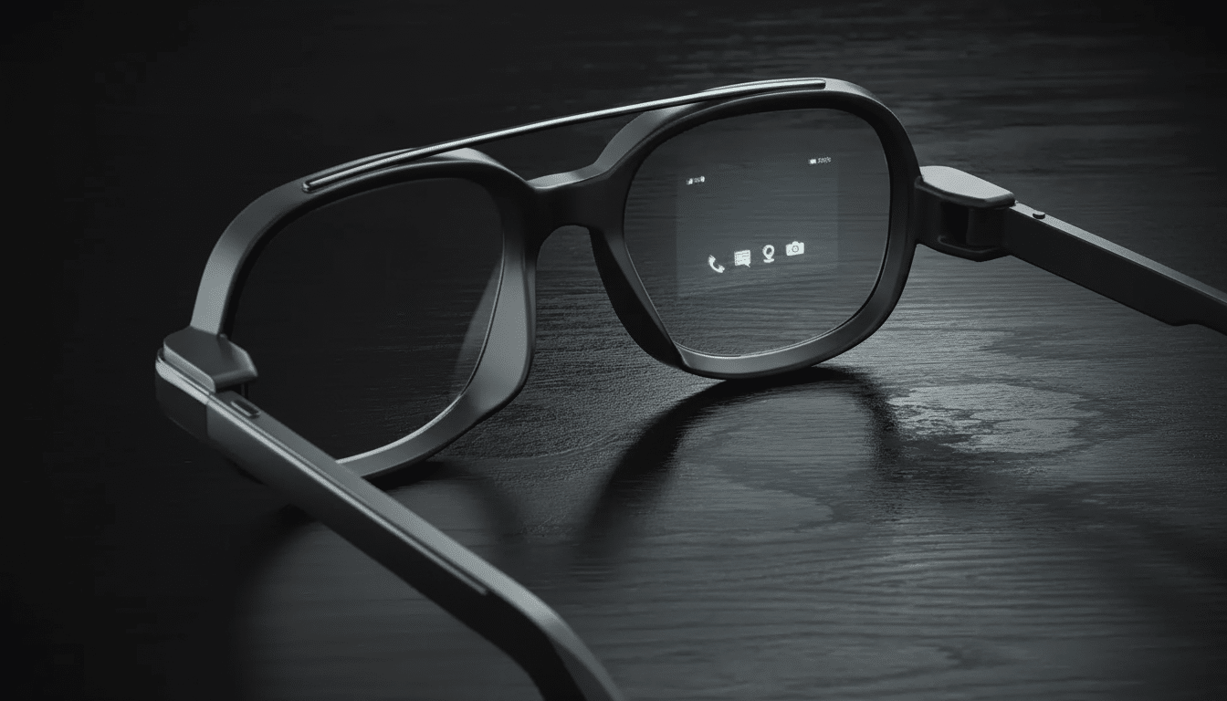 Smart glasses with a digital display showing app icons on a dark wooden surface. Filename : smartglasses display .png