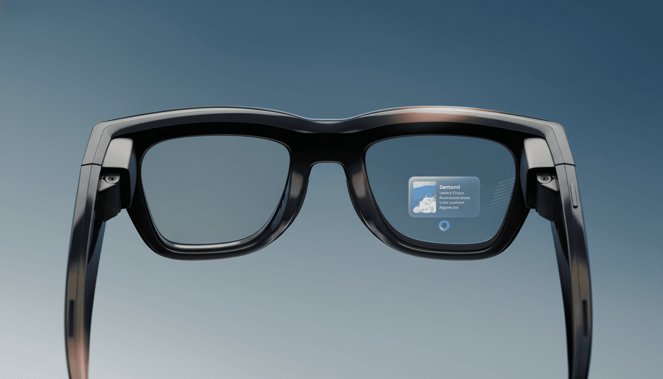 Smart glasses displaying a Santorini information card
