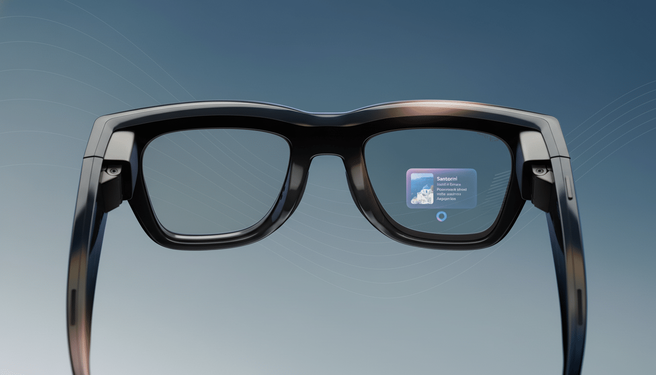 A pair of black smart glasses displaying information about Santorini , Greece , on its lens , set against a professionally enhanced blue and gray gradient background with subtle wave patterns.