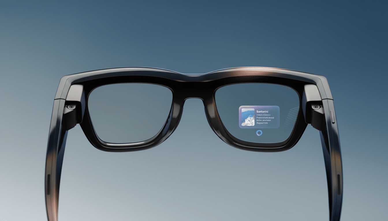 A pair of smart glasses with a translucent display showing information about Santorini , Greece, against a soft blue gradient background. Filename : smartglasses santorini display .png