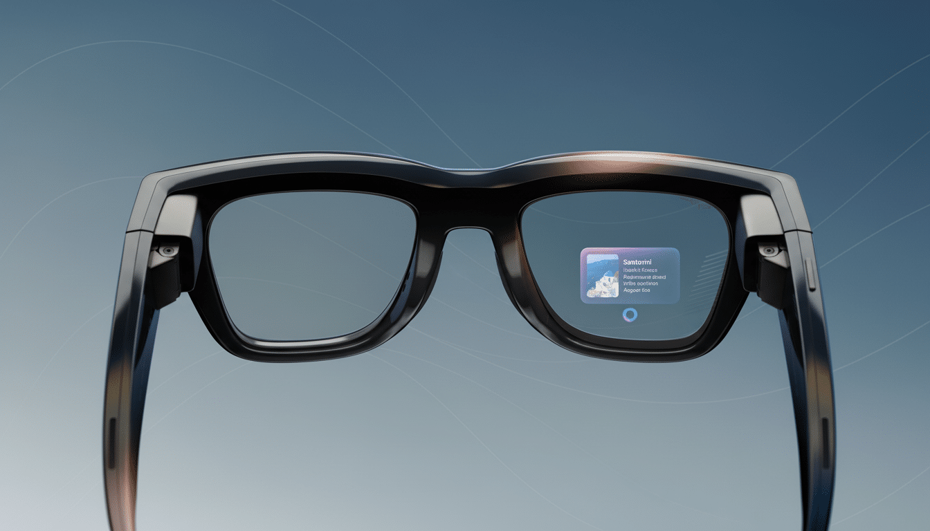 Smart glasses displaying  Santorini information on the right lens, with a soft gradient and subtle pattern background.
