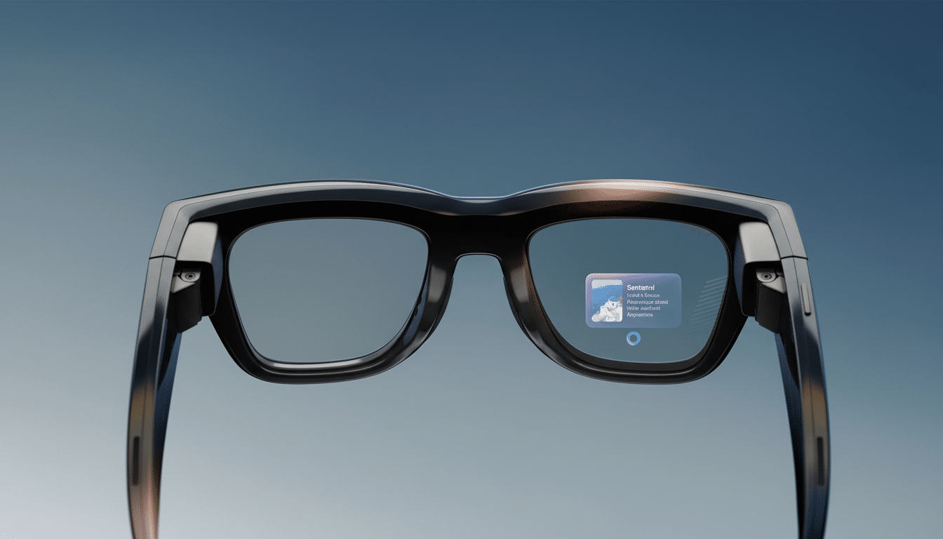 A pair of smart glasses with a digital overlay showing information about Santorini , Greece. Filename : smartglasses santorini info.png