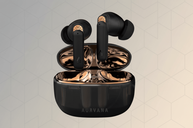 A pair of black and rose gold wireless earbuds in their open charging case, set against a subtle , geometric gradient background. Filename : aurvana ear budsprofessional. png