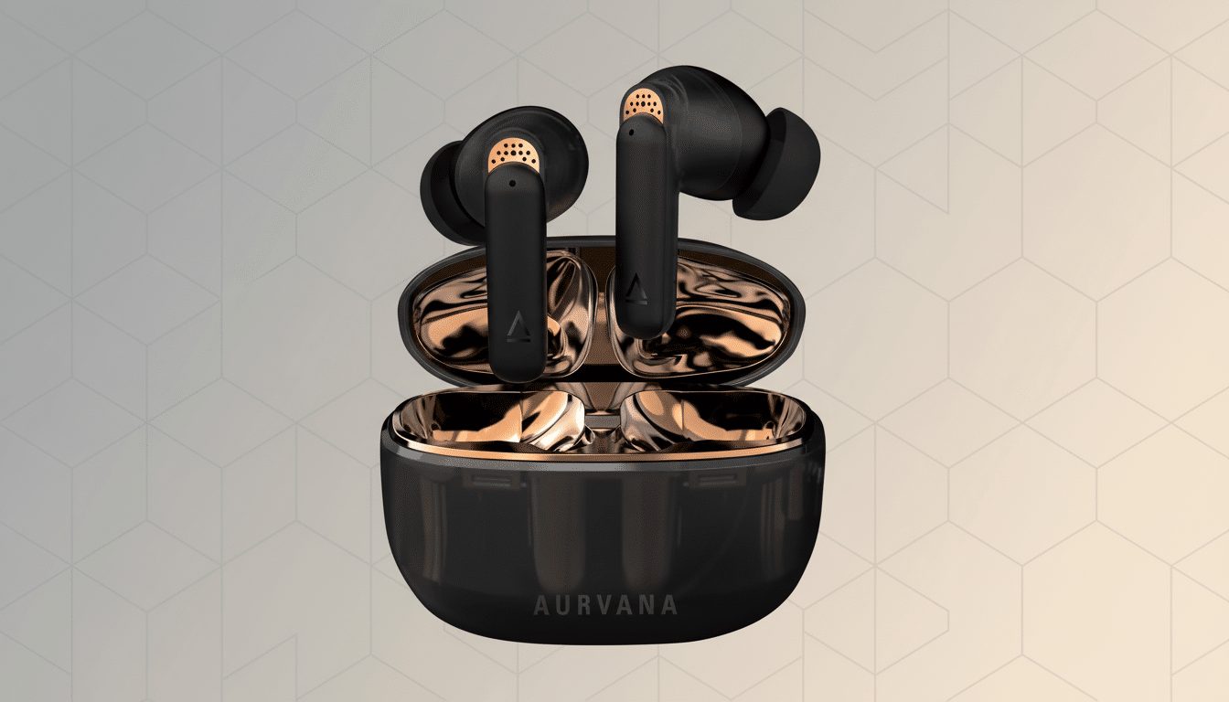A pair of black and rose gold wireless earbuds in their open charging case, set against a subtle , geometric gradient background. Filename : aurvana ear budsprofessional. png