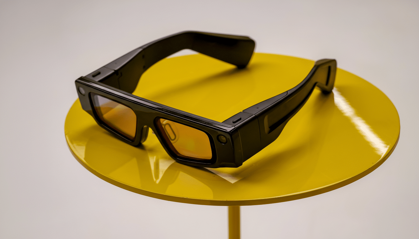 Black smart glasses with orange- tinted lenses resting on a bright yellow circular table against a light gray background.