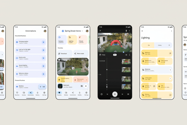 Six mobile phone screens displaying various smart home app interfaces, including device controls , automation settings , camera views, and lighting adjustments.