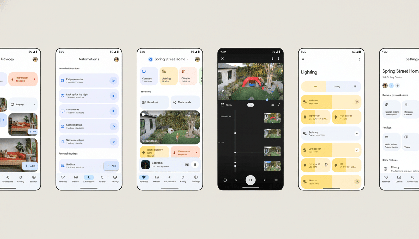 Six mobile phone screens displaying various smart home app interfaces, including device controls , automation settings , camera views, and lighting adjustments.