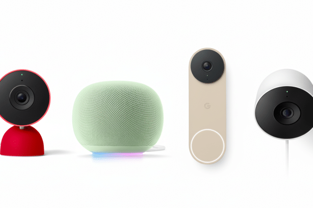 Four smart home devices including a red camera, a mint green smart speaker, a beige video doorbell, and a white security camera, all on a clean white