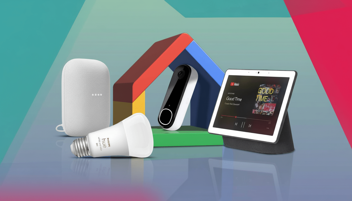 A professional arrangement of various smart home devices including a Google Nest speaker, a Philips Hue smart bulb, a video doorbell, and a Google Nes