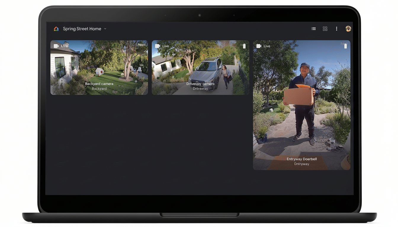 A laptop displaying a smart home security interface with live feeds from three cameras: backyard, driveway, and entryway, where a person is visible de