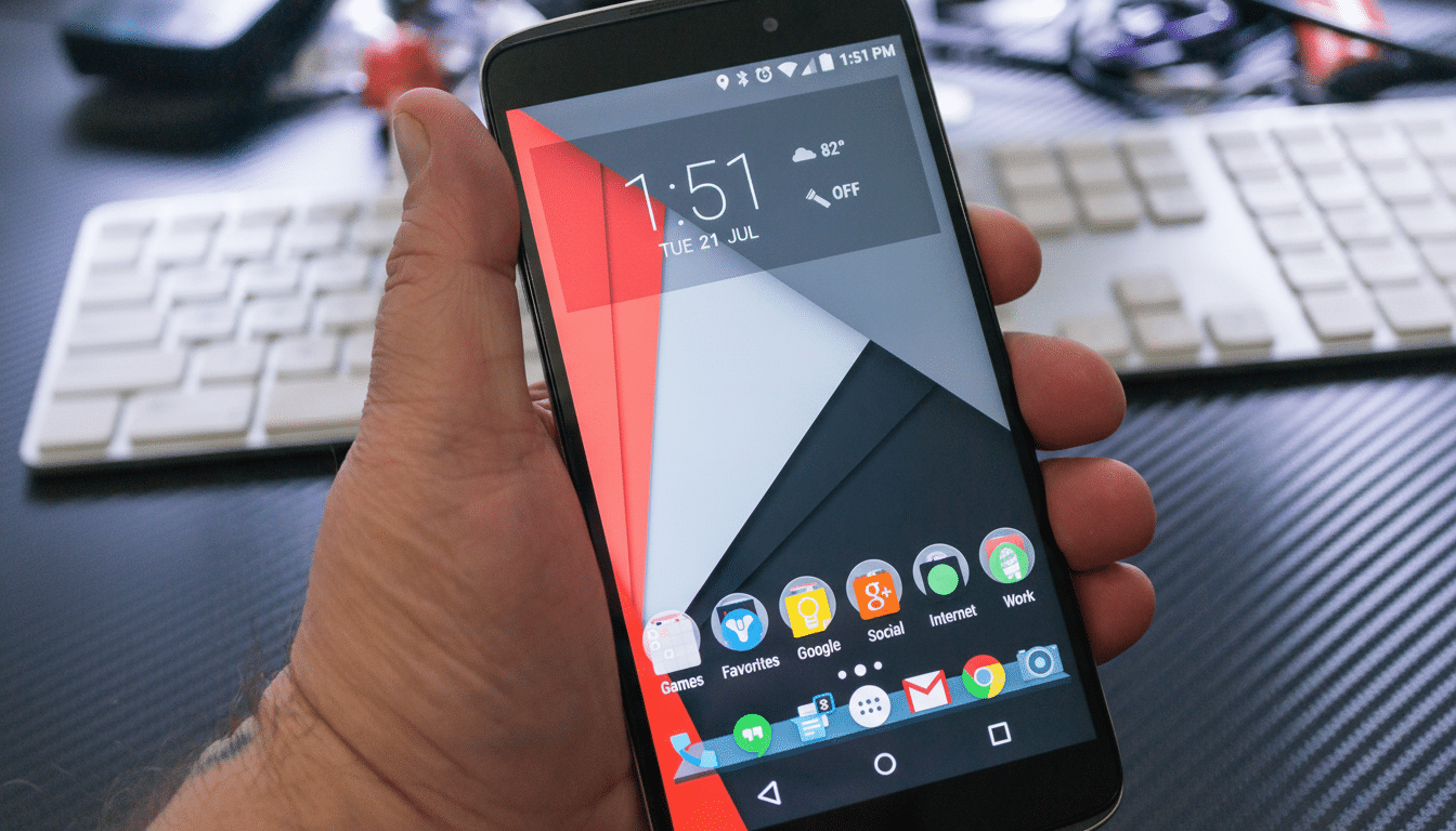 A hand holding a smartphone displaying the home screen with various app icons, time, and weather, set against a blurred background of a white keyboard