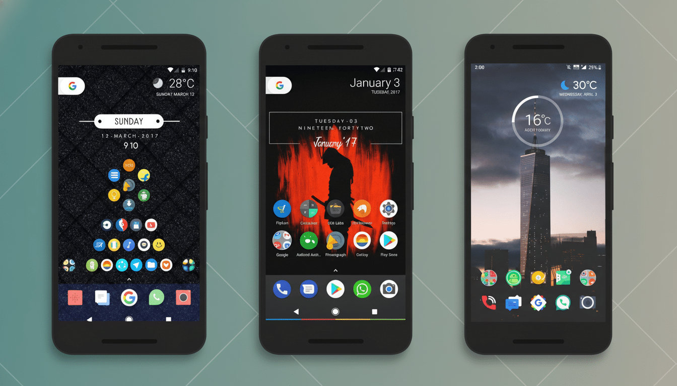 A professional flat design image with a soft gradient background showcasing three smartphones. The phones display different app icon arrangements and