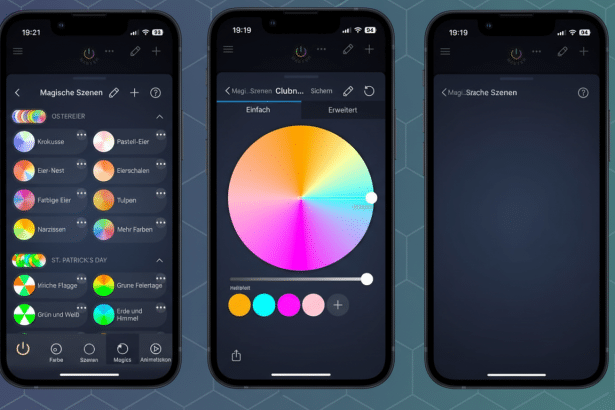 A 16:9 aspect ratio image showing three smartphone screens displaying a German language app for color and lighting control. The left screen shows a list of Magic Scenes with colorful icons . The middle screen shows a color wheel for selecting hues and brightness. The right screen shows a text -based Hint message within the app interface . The background is a professional flat design with soft geometric patterns and gradients in blue and green tones .
