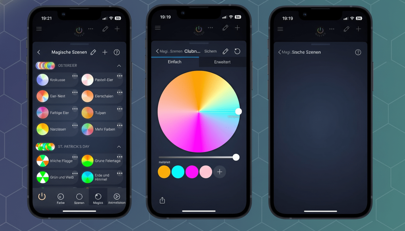 A 16:9 aspect ratio image showing three smartphone screens displaying a German language app for color and lighting control. The left screen shows a list of Magic Scenes with colorful icons . The middle screen shows a color wheel for selecting hues and brightness. The right screen shows a text -based Hint message within the app interface . The background is a professional flat design with soft geometric patterns and gradients in blue and green tones .
