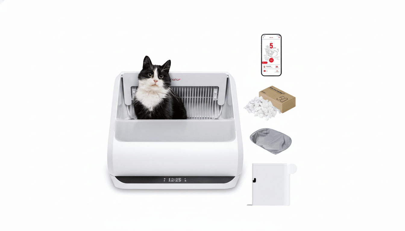 A black and white cat sits in a white smart litter box, with a smartphone displaying an app, a box of waste bags, loose waste material , a grey liner , and a small white waste bin arranged around it on a white background.