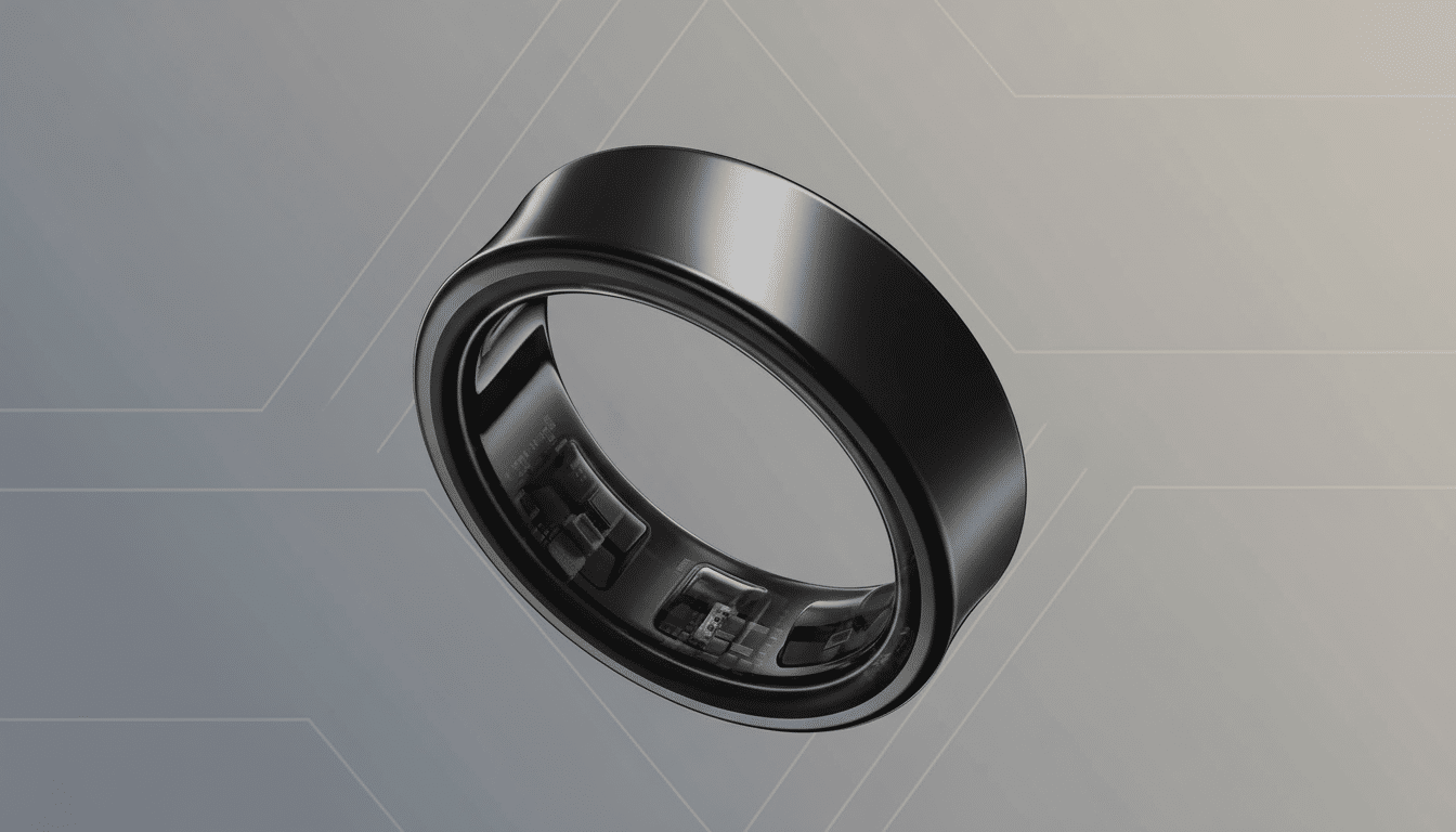 A professional, enhanced image of a sleek black smart ring with internal electronics visible, set against a subtle gray gradient background with soft