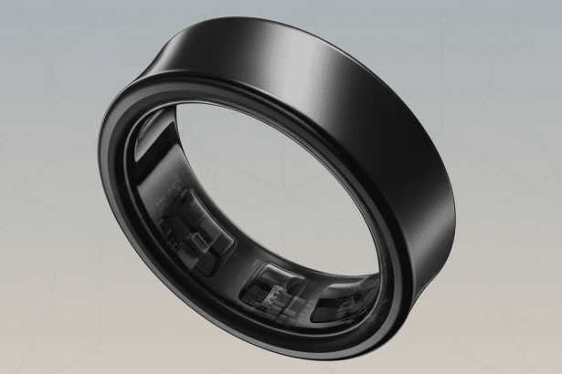 A sleek, black smart ring with visible internal components, presented on a subtle gradient background with light geometric patterns.