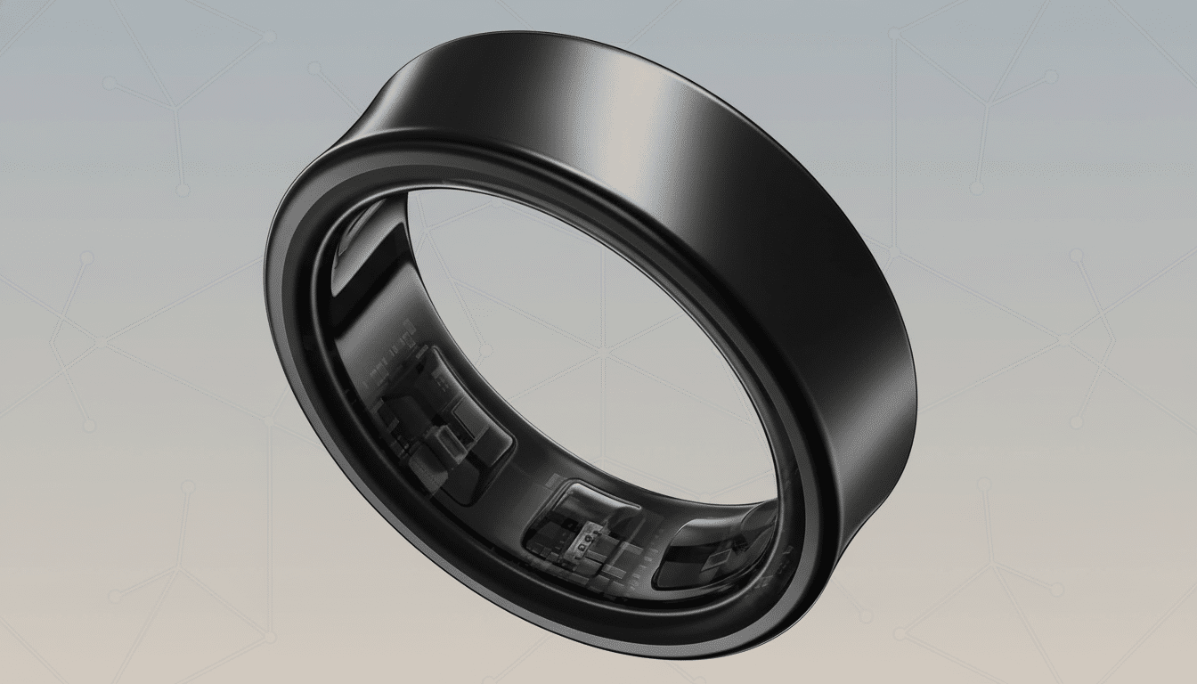 A sleek, black smart ring with visible internal components, presented on a subtle gradient background with light geometric patterns.