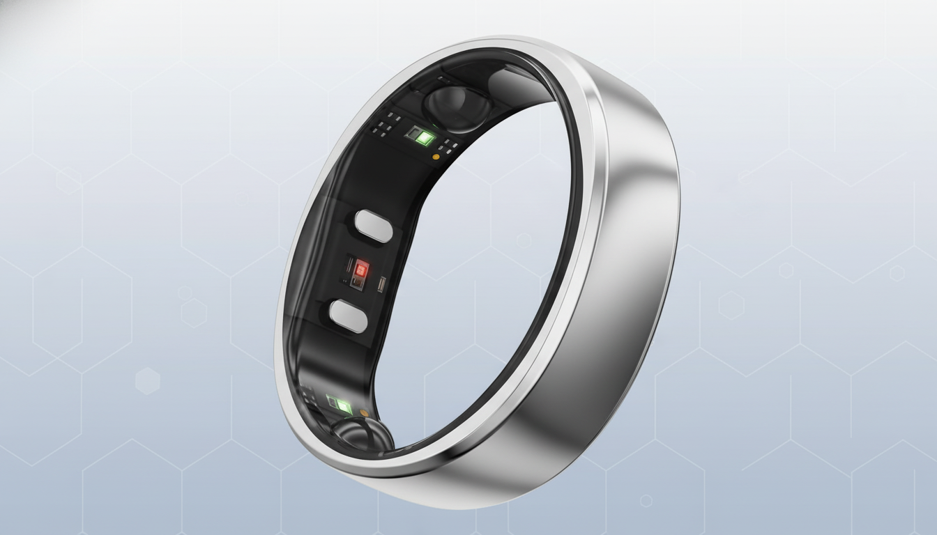 A professional 16:9 image of a sleek, silver smart ring with an internal black sensor band featuring small indicator lights. The ring is set against a subtle , light blue gradient background with a faint hexagonal pattern.