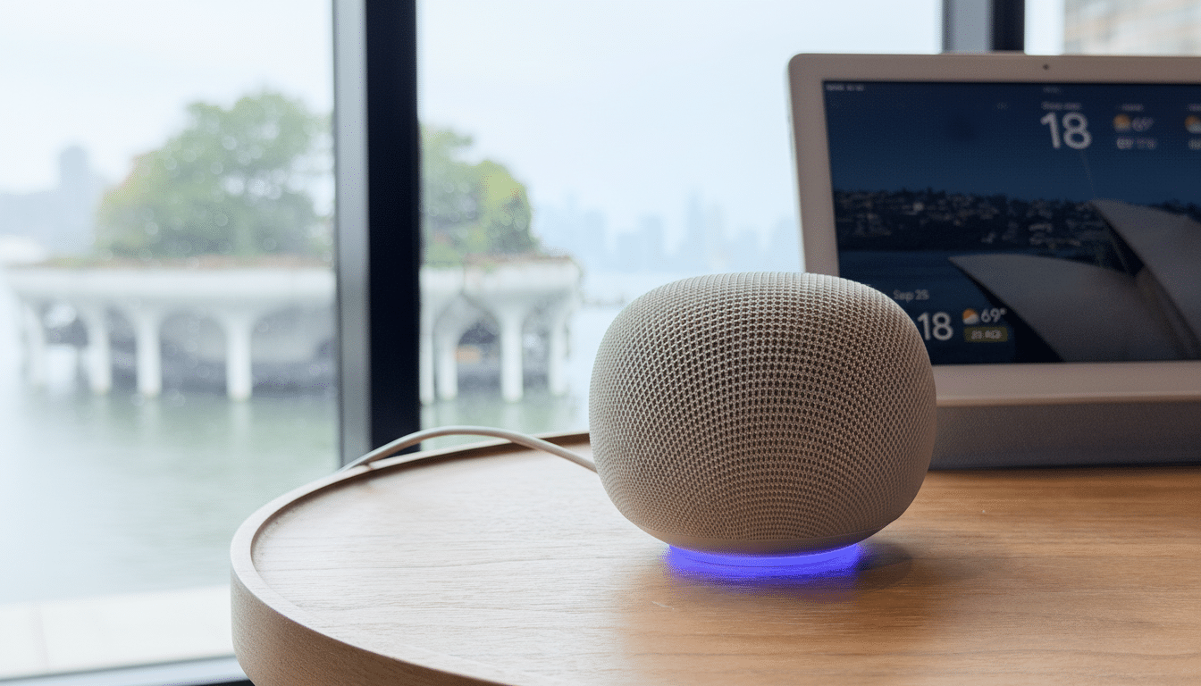 A white smart speaker with a glowing blue base sits on a wooden table, with a tablet displaying weather information in the background and a blurry outdoor view through a window.