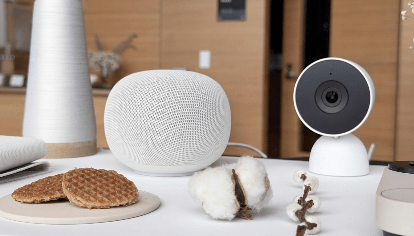 A white smart speaker and a white home security camera on a table with decorative items.