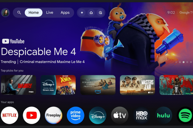A professional , enhanced image of a smart TV interface with a dark background, showcasing Despicable Me 4 as trending content. Below it are various streaming app icons like Netflix, YouTube, Disney +, and HBO Max .