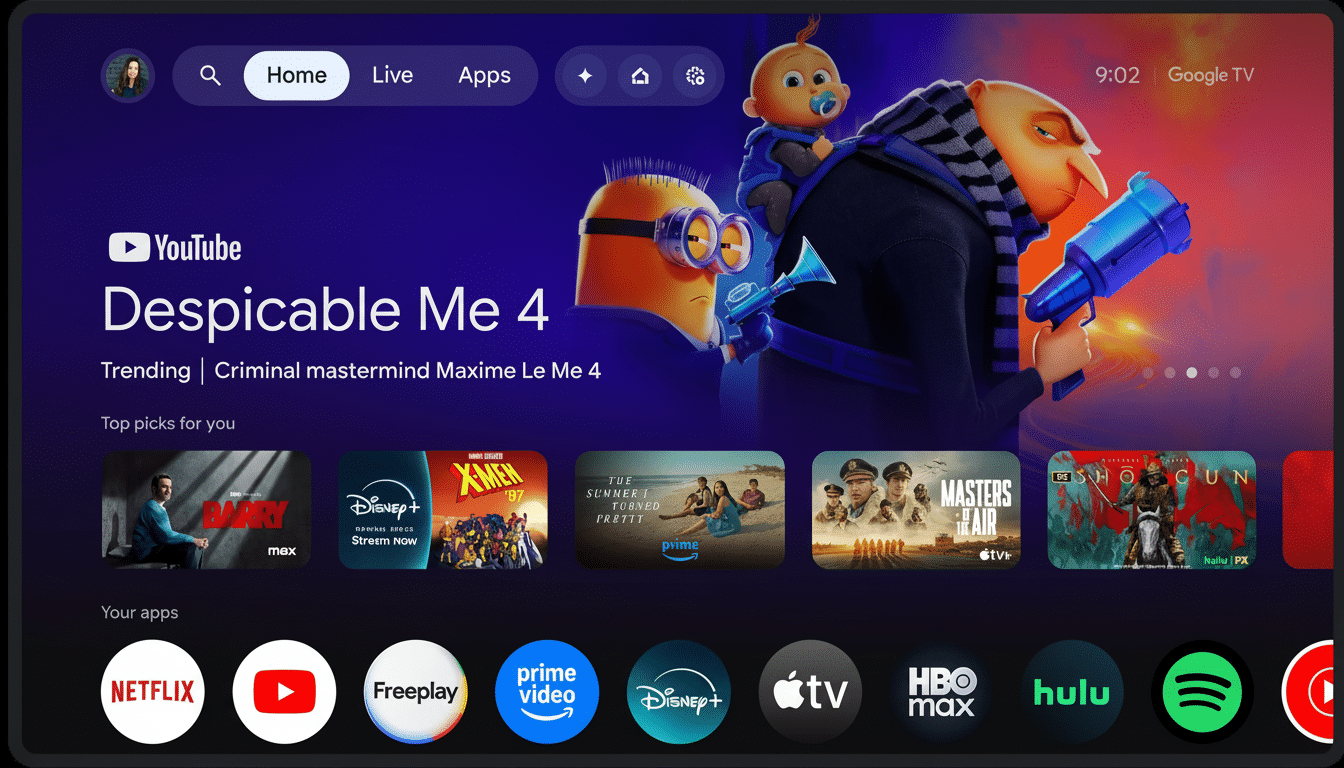 A professional , enhanced image of a smart TV interface with a dark background, showcasing Despicable Me 4 as trending content. Below it are various streaming app icons like Netflix, YouTube, Disney +, and HBO Max .